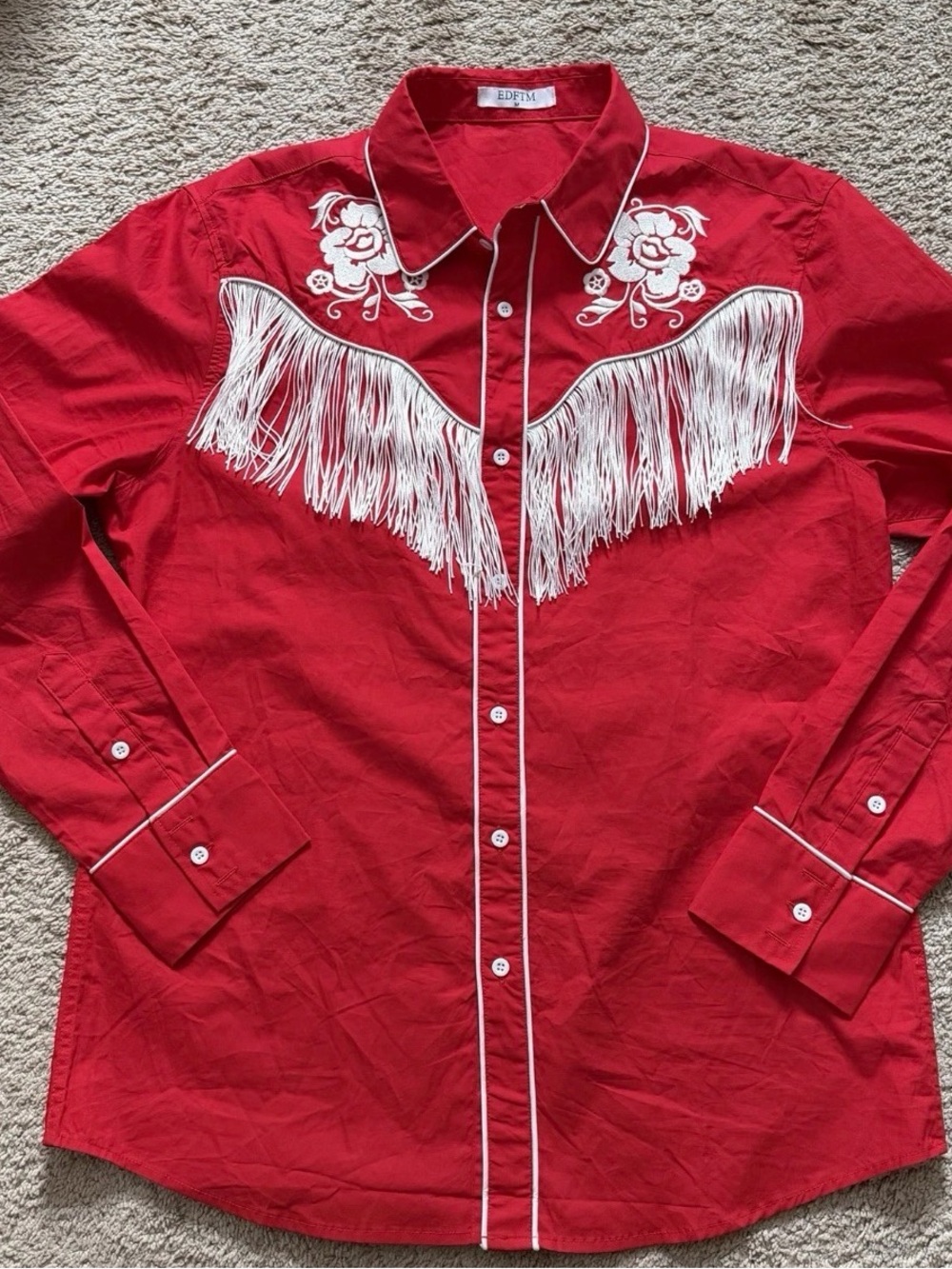 Men’s Red LS Button Up Embroidered With fringe Western Cowboy Shirt Medium